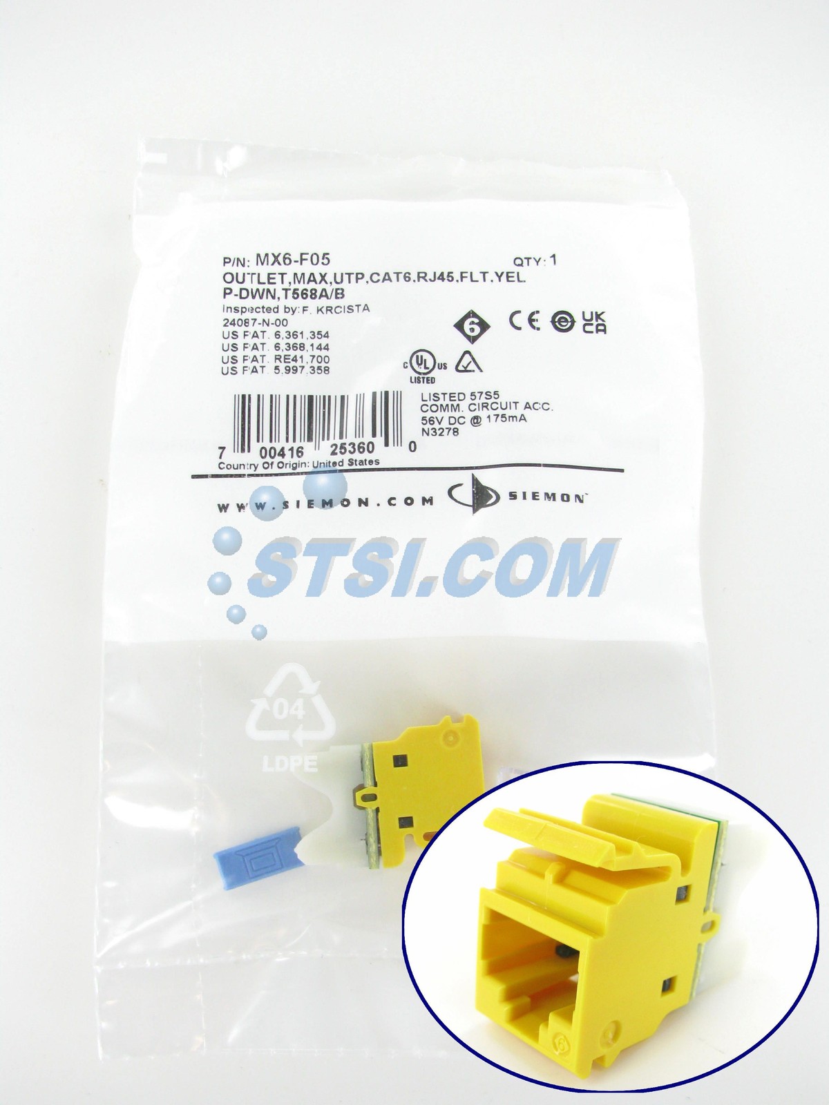 Siemon MX6-F05 Cat6 RJ45 Flat Modular Jack, Yellow ~STSI