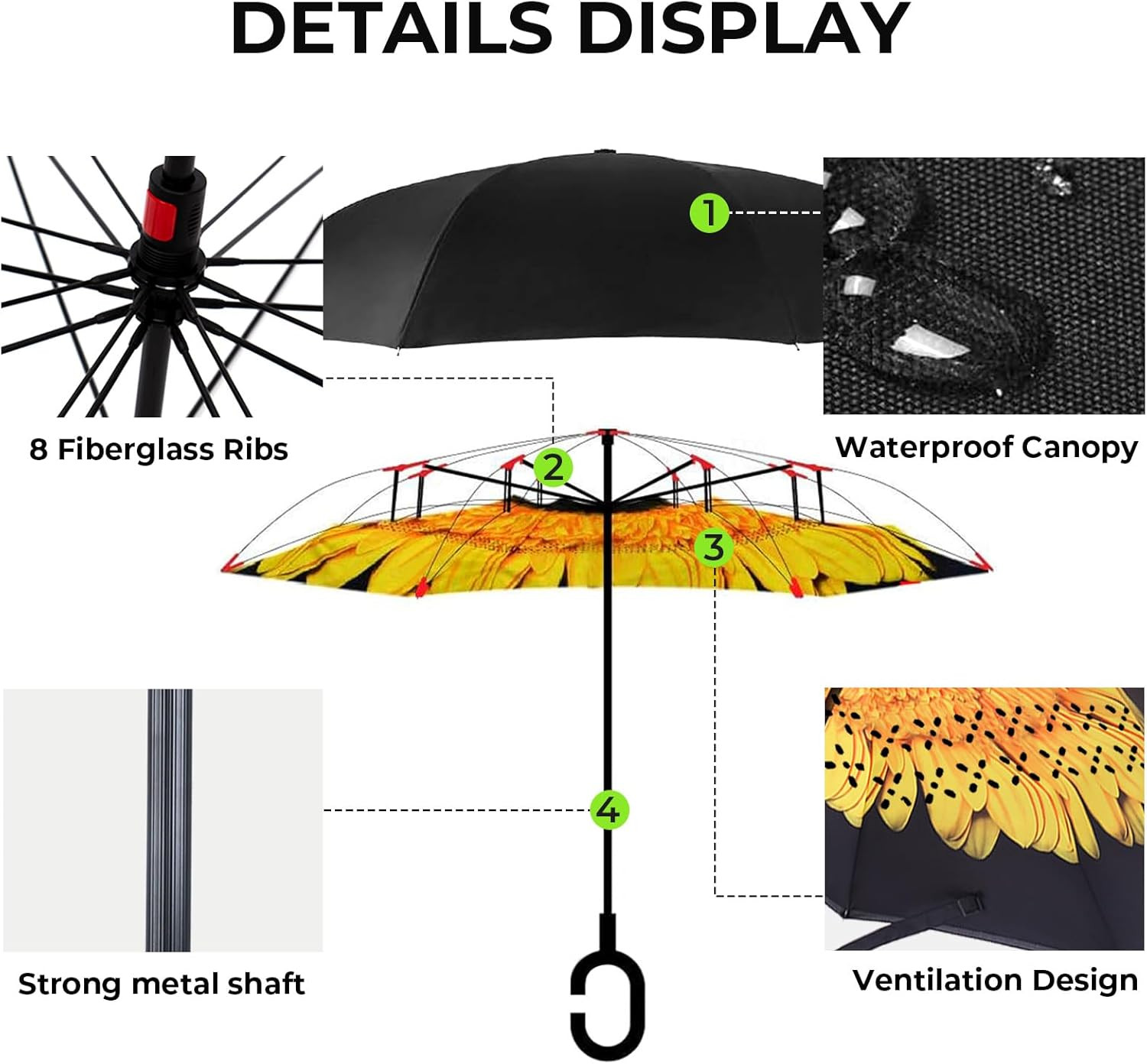 Windproof Inverted Umbrella, Large Reverse Umbrellas for Rain with C-Shaped Hand