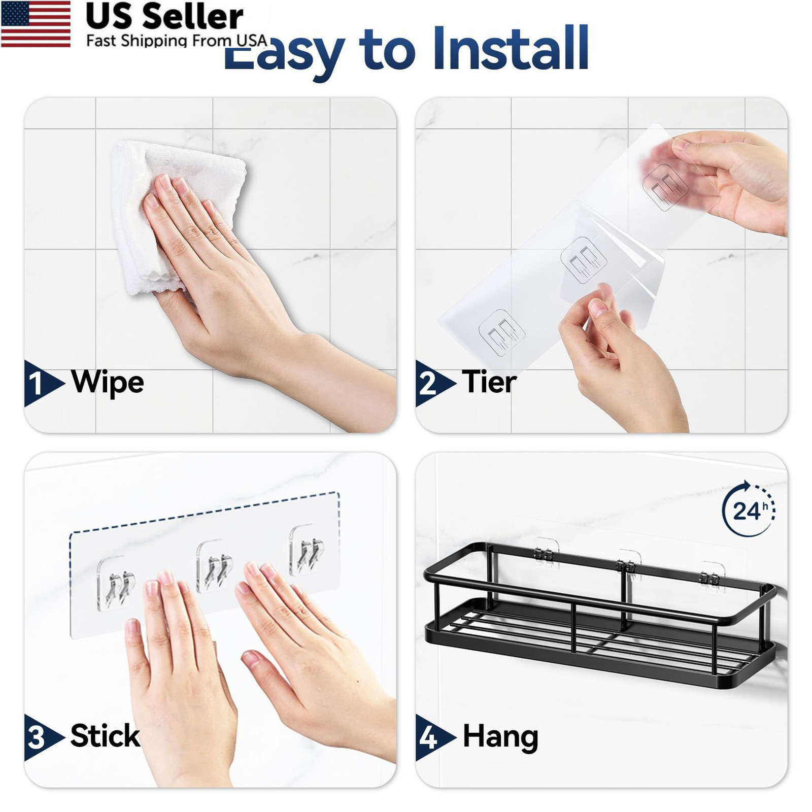 YASONIC Shower Caddy Adhesive, Rustproof Shelves for 2 Pack, Black