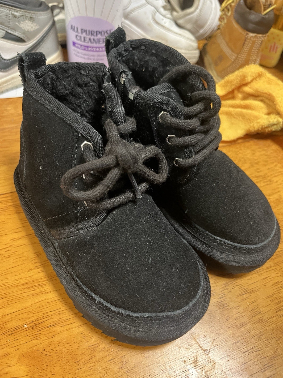 UGG Black Suede Ankle Bootie for Unisex Kids, Lace Up & Zip, Faux Fur Lined