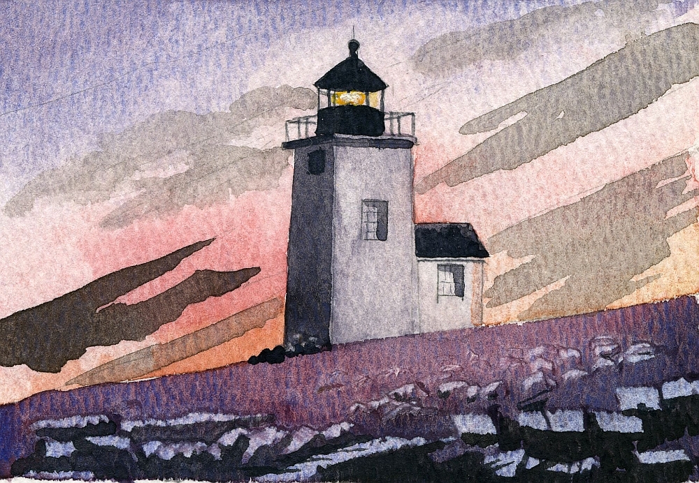 Nash Island Lighthouse Pleasant Bay, Maine. Watercolor Notecards