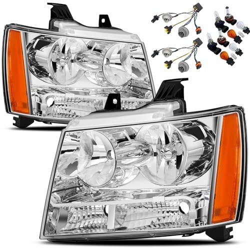 Headlight Assembly For 2007-2013 Chevy Avalanche Chrome Amber with Wire & Bulbs