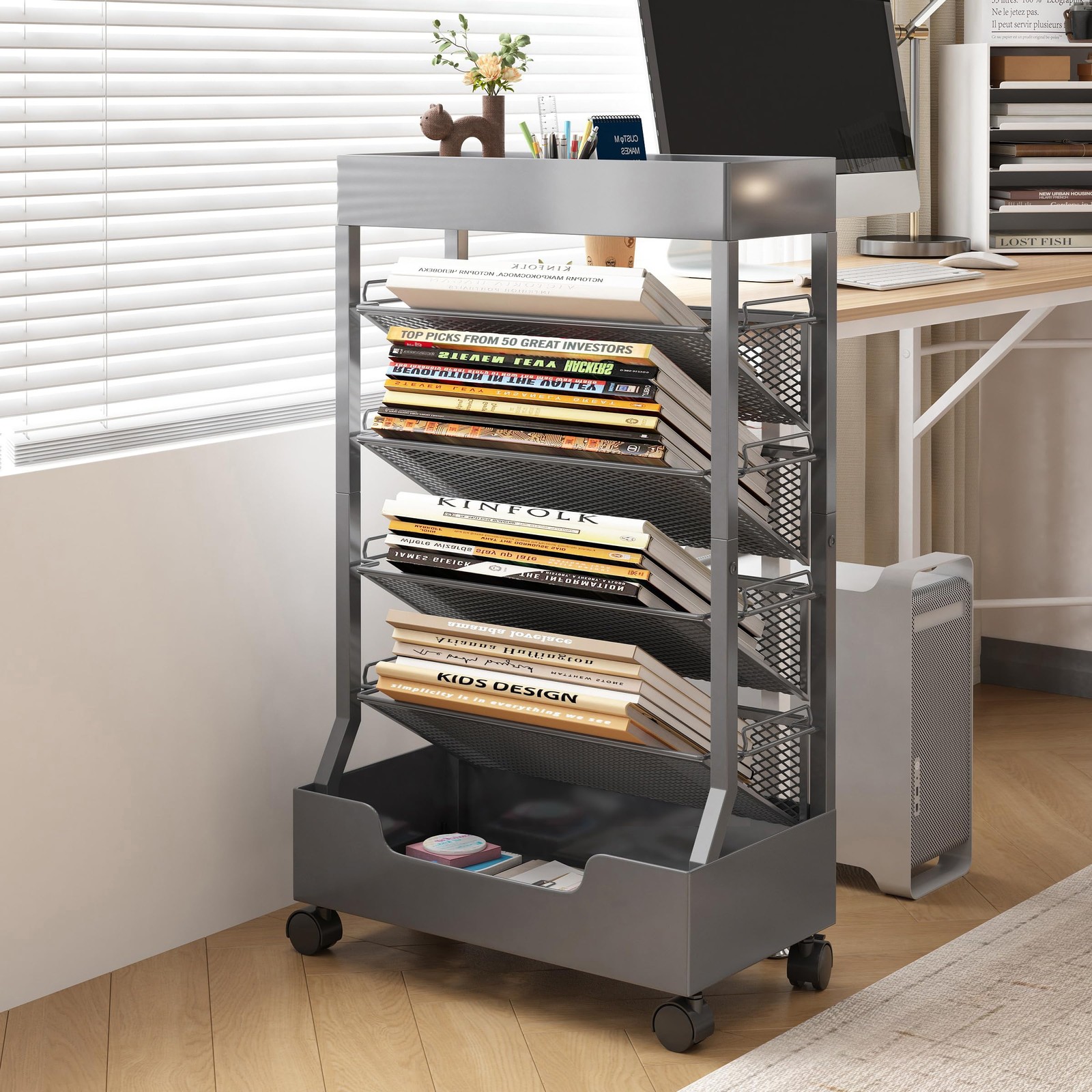 Modern Mobile Book Cart Single-Sided Rolling Bookshelf with Metal Top & Base,...