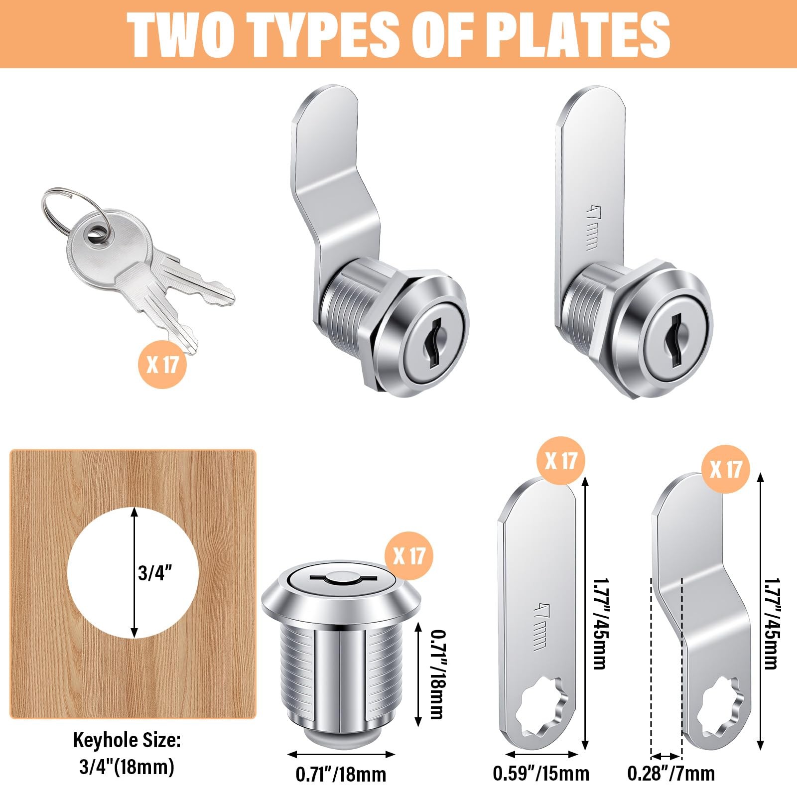17 Pcs Cabinet Locks with Keys, 5/8 Inch Cam Locks Keyed Alike, Zinc Alloy Re...
