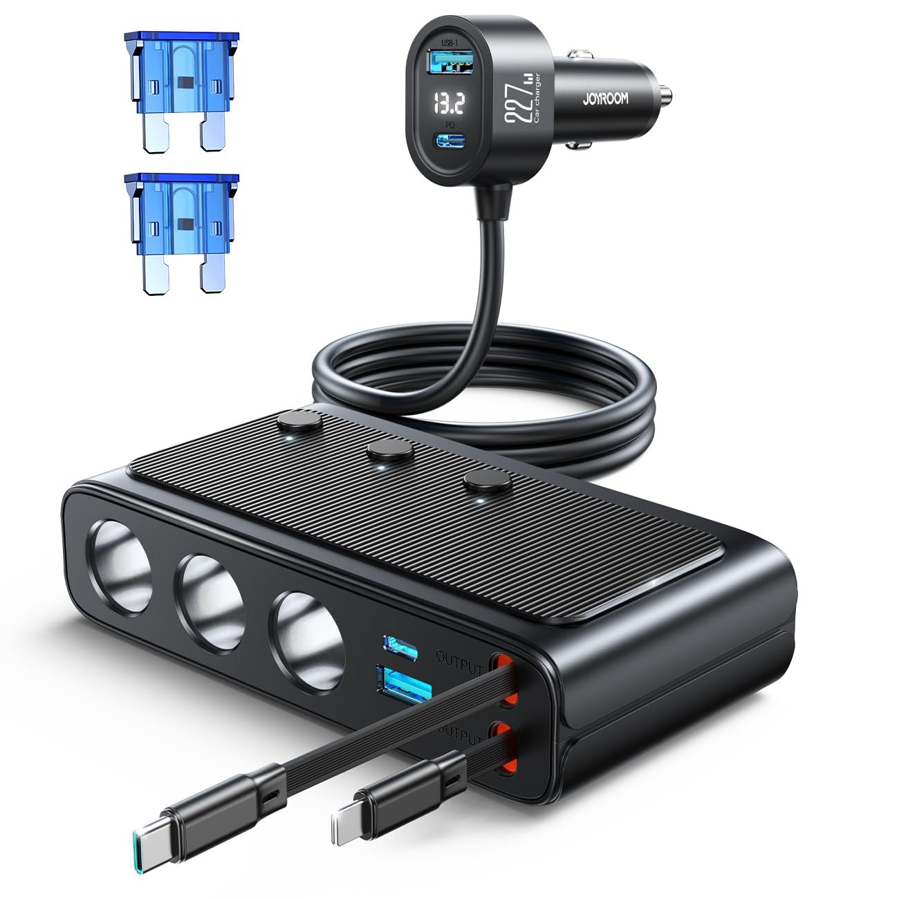 227W 9 in 1 Cigarette Lighter Splitter, PD36W *2 & QC3.0 Fast Car Black
