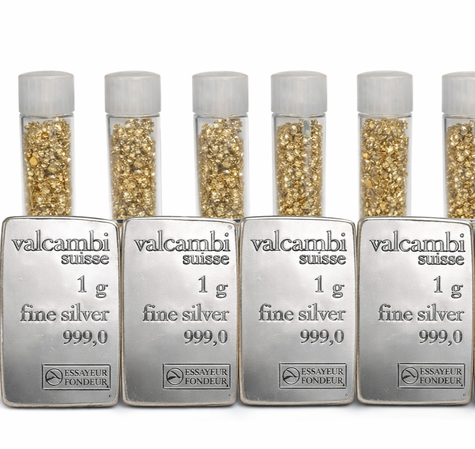 4 Valcambi 1g .999 Silver Bars + 5 Gold Vials + Mystery Coin Bonus Pouch
