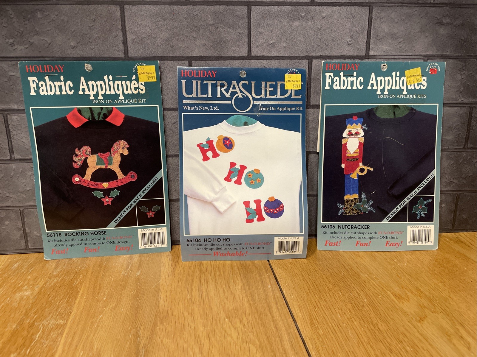 NEW - LOT 3- Holiday ULTRASUEDE Iron-On Applique Kit -ROCKING HORSE, NUTCRACKER
