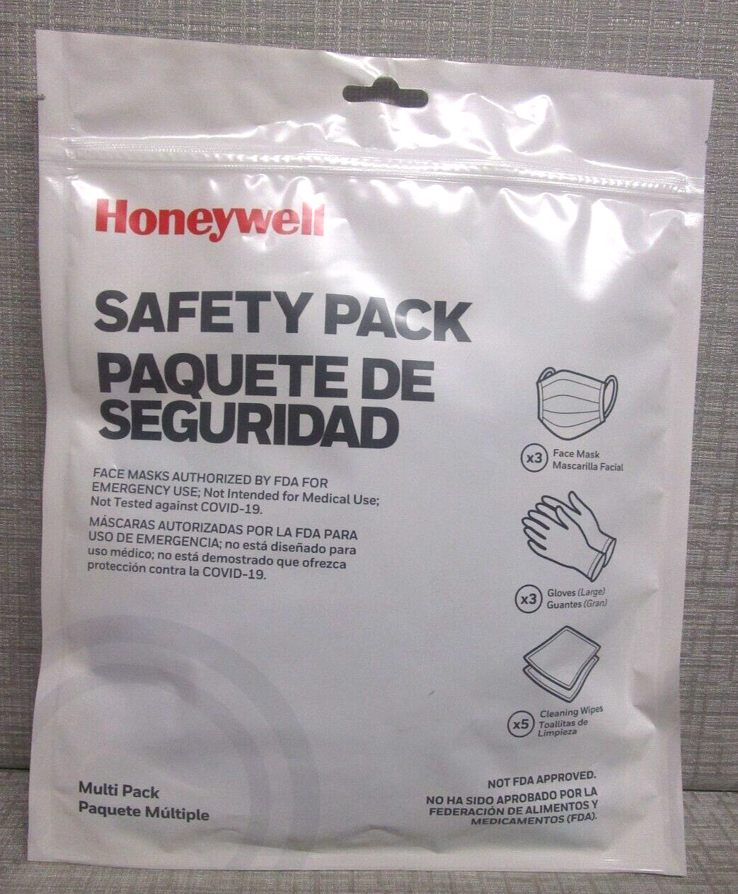 HONEYWELL SAFETY PACK 3 FACE MASKS, 3 PAIRS GLOVES, 5 CLEANING WIPES TRAVEL SIZE