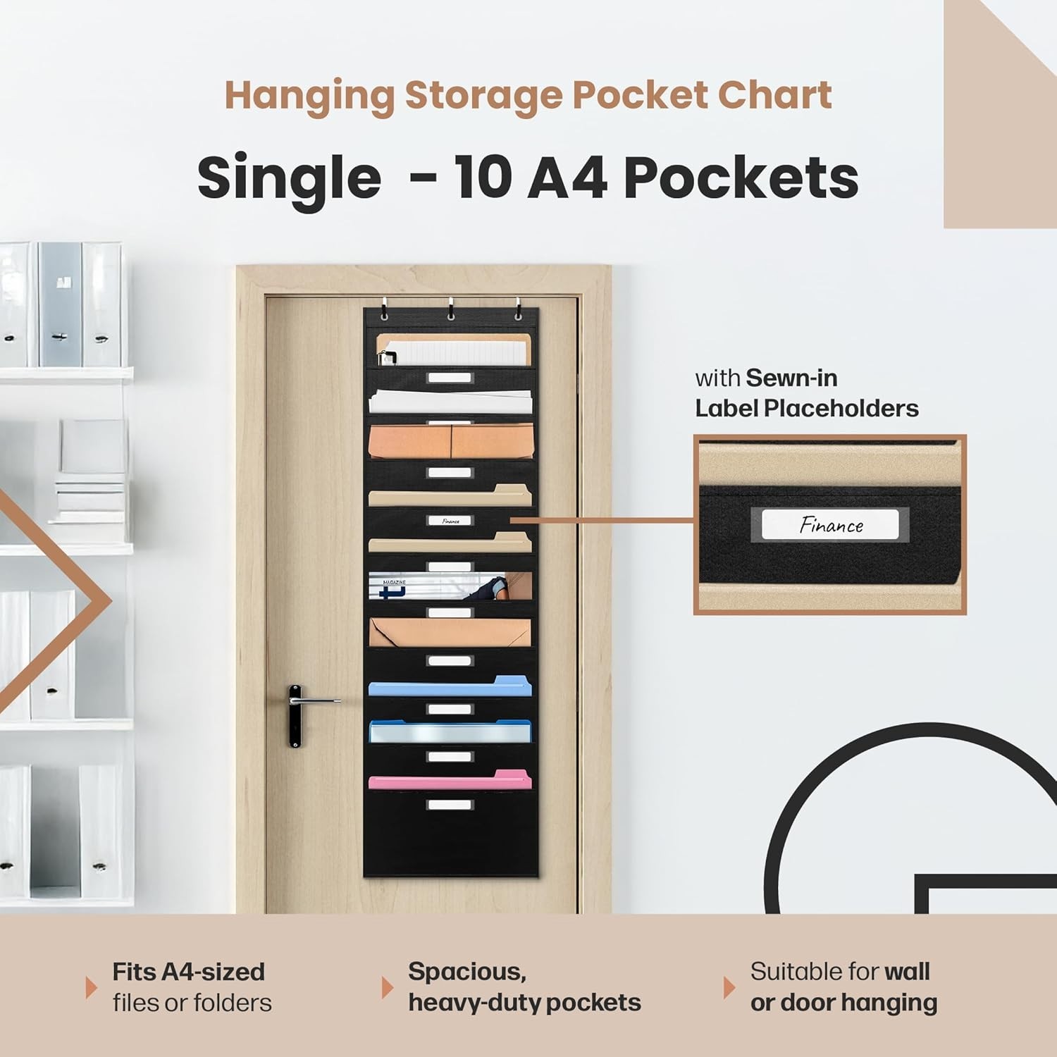 Black Over Door Pocket Chart with 3 Hangers for Easy Organization