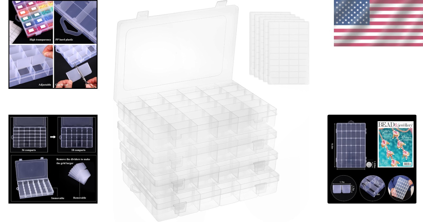 4 Pack Plastic Bead Organizer Box with Dividers