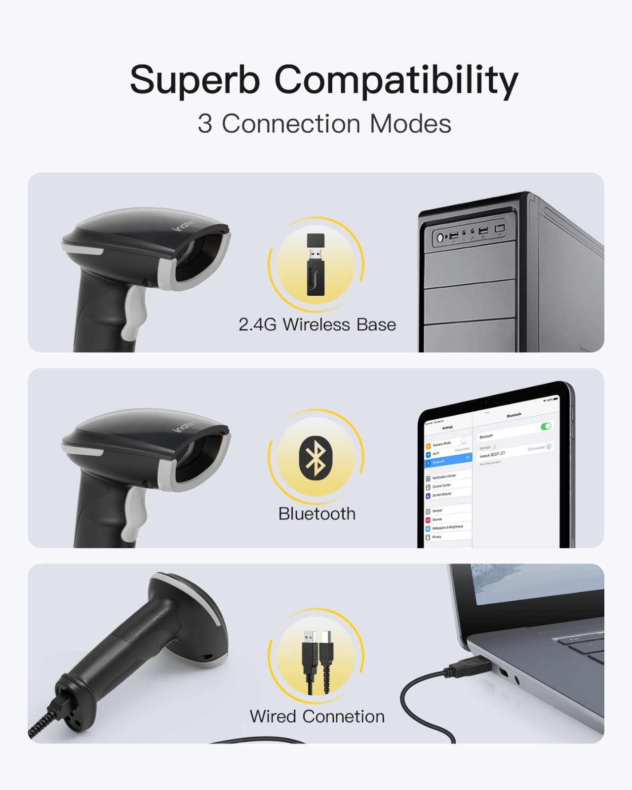 Inateck 2D Barcode Scanner, Wireless QR Code Scanner, Handheld Scanner APP SDK