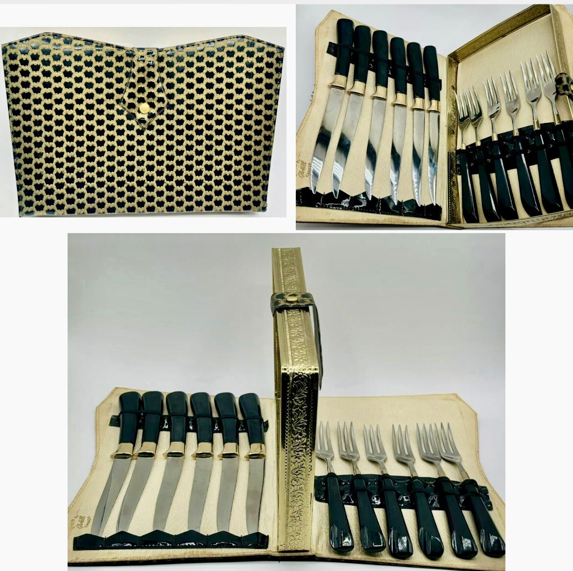 Vintage 1950s Glo-Hill Gold &Ebony Cutlery Steakmates Knives And Forks Set for 6