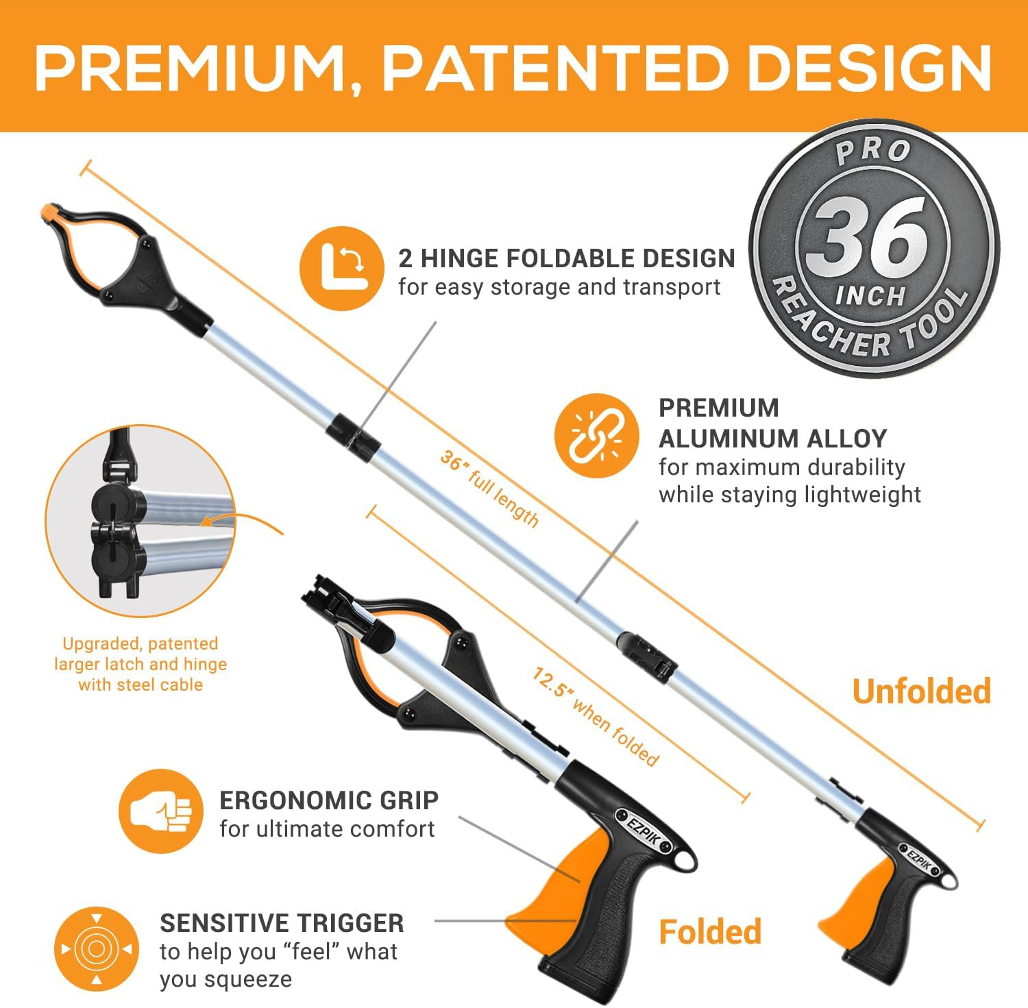 Pro 36" Flexible Folding Grabber Tool for Elderly + Magnets, Reacher for Disable