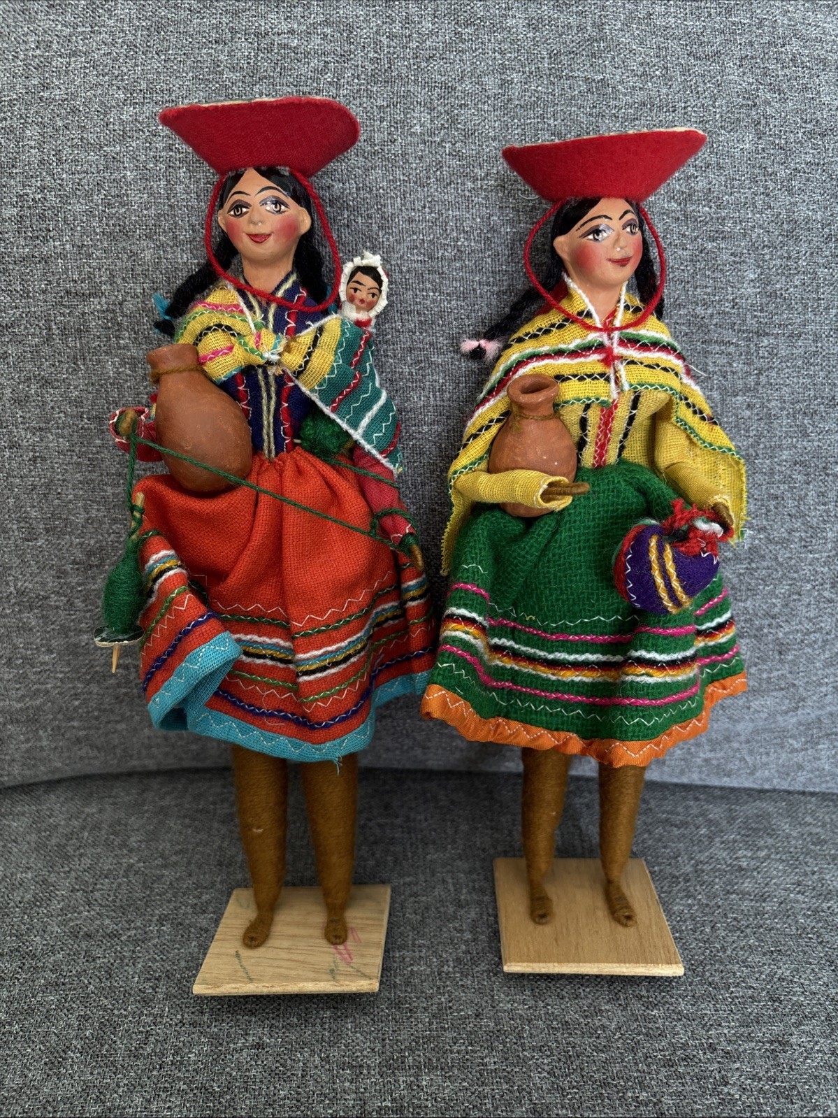 Vtg! Peruvian Folk Dolls Handmade Yarn Andean Decor Collectible Lot Of 2!