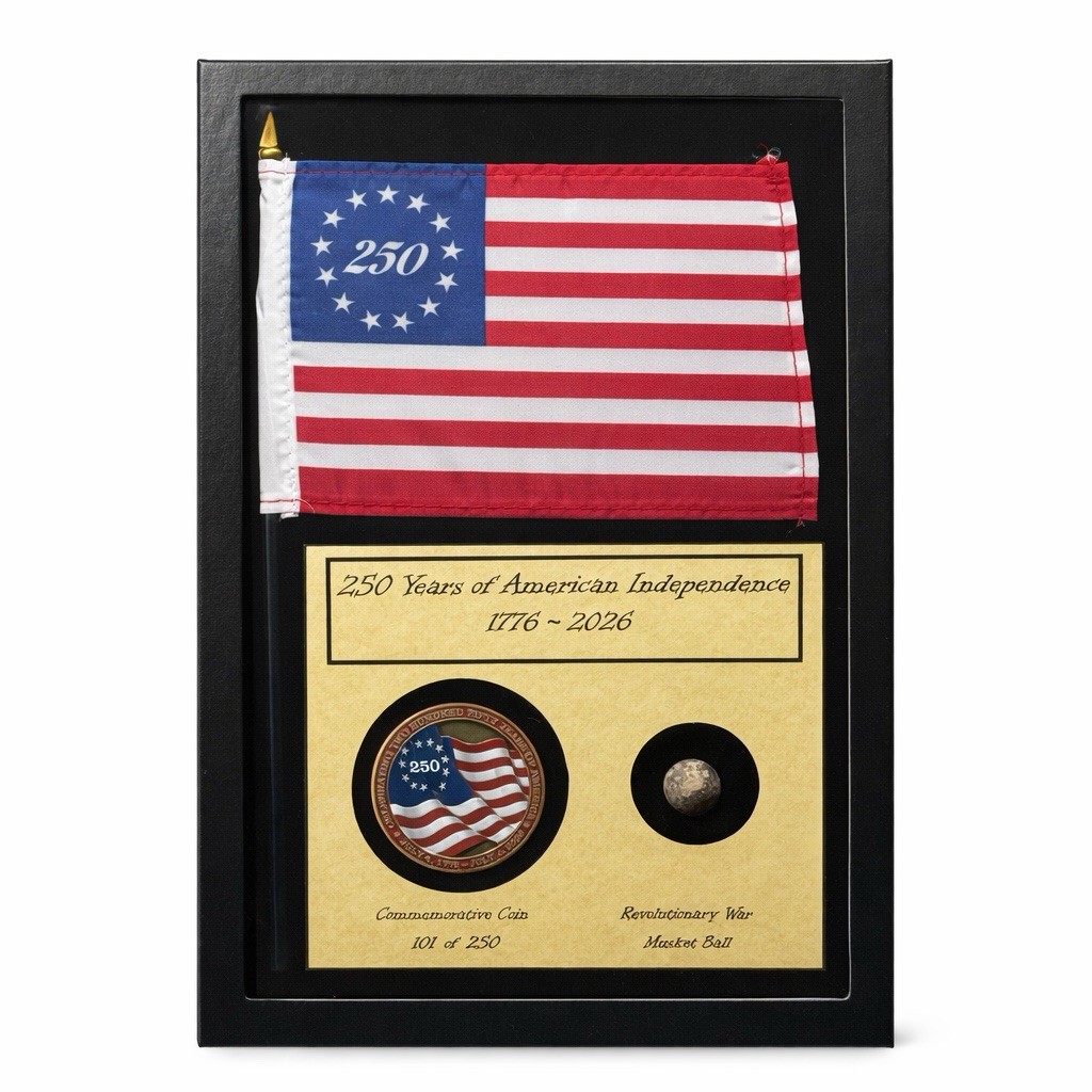 America 250th Anniversary Display with Coin, Flag, Rev War Artifact 1776-2026