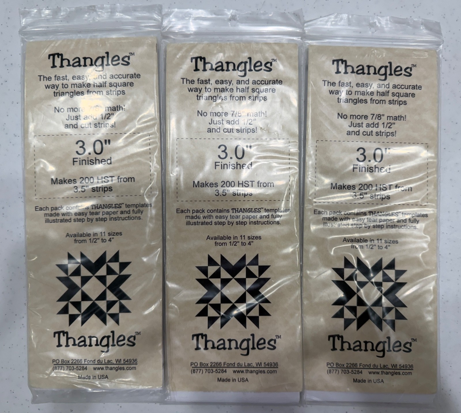 3 Pkgs Thangles 3.0" Finished Makes 200 HST Paper Template Half Square Triangles