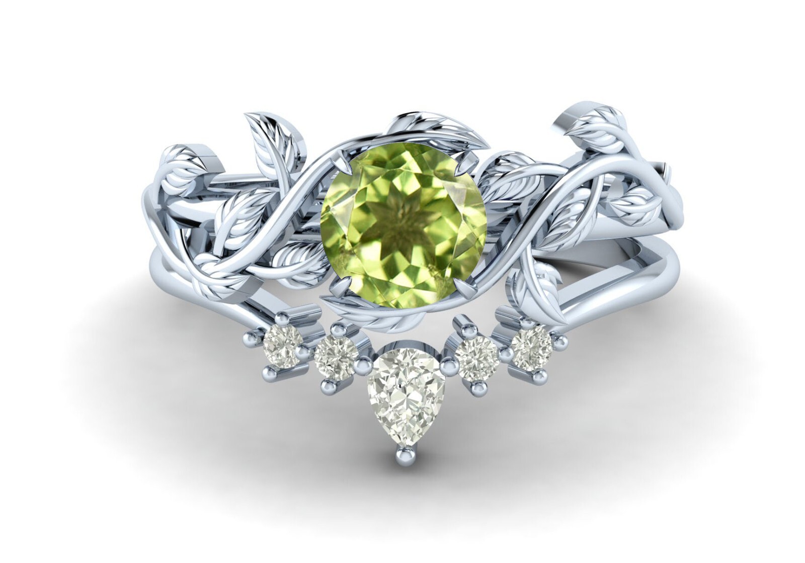 Leaf  Round Cut Green Peridot Engagement Ring 925 Platinum Vermeil Promise Gifts