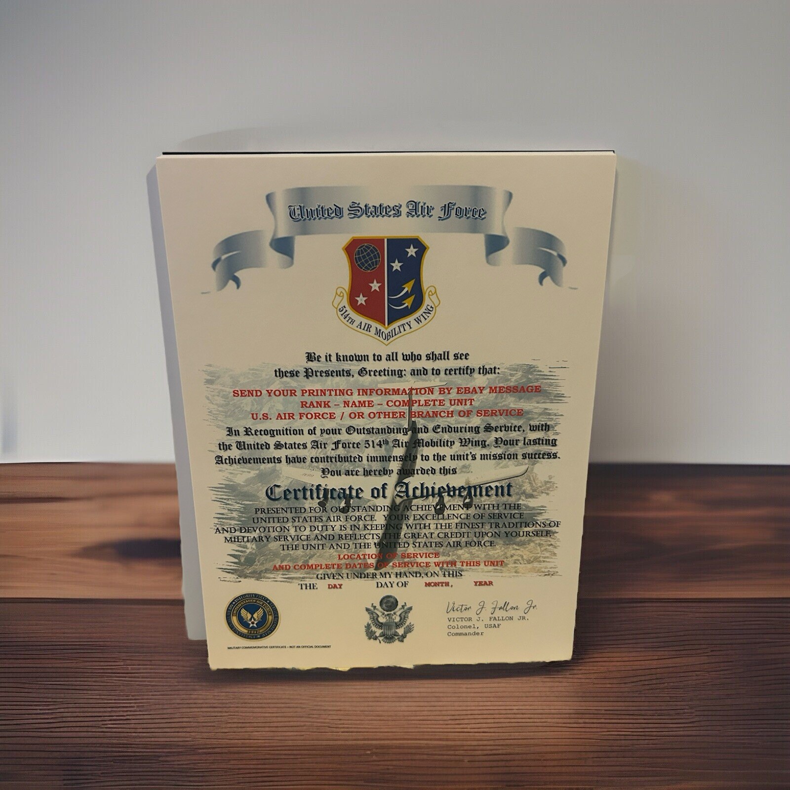 U.S.A.F. / AIR FORCE 514TH AIR MOBILITY WING - CERTIFICATE OF ACHIEVEMENT