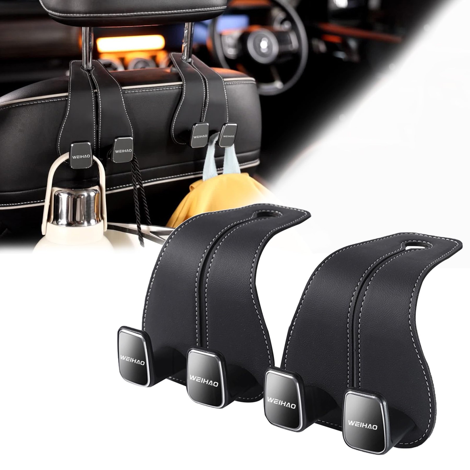 WEIHAO Wide Purse Hook for Car, Twin Leather Car Headrest Black-2PCS