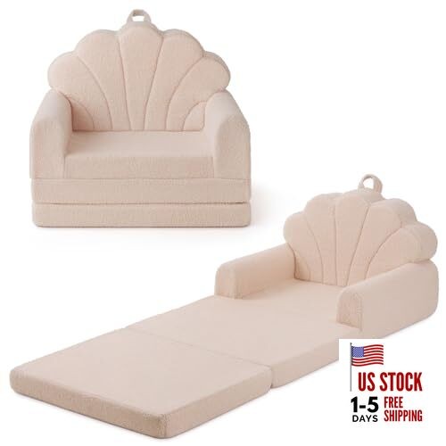 Kids Couch, 2-in-1 Soft Toddler Couch Fold Out, Toddler Chair Beige Shell