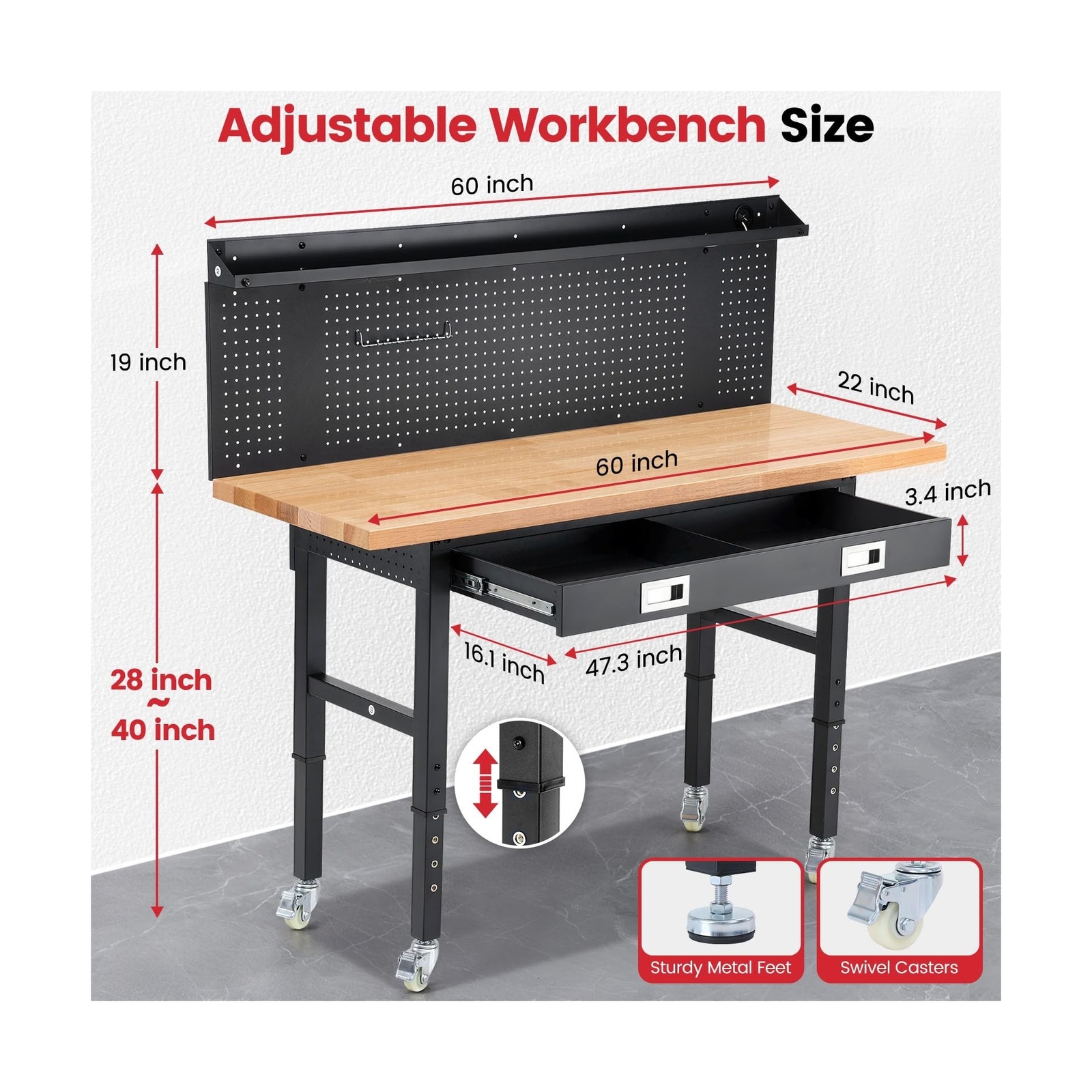 Workbenches for Garage Work Bench with Wheels 60 Inch Adjustable Rubber Wood ...
