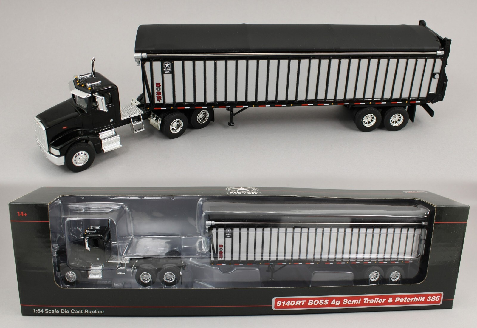 1:64 SpecCast BLACK Peterbilt 385 Semi & Meyer 9140RT Boss Silage Forage Trailer