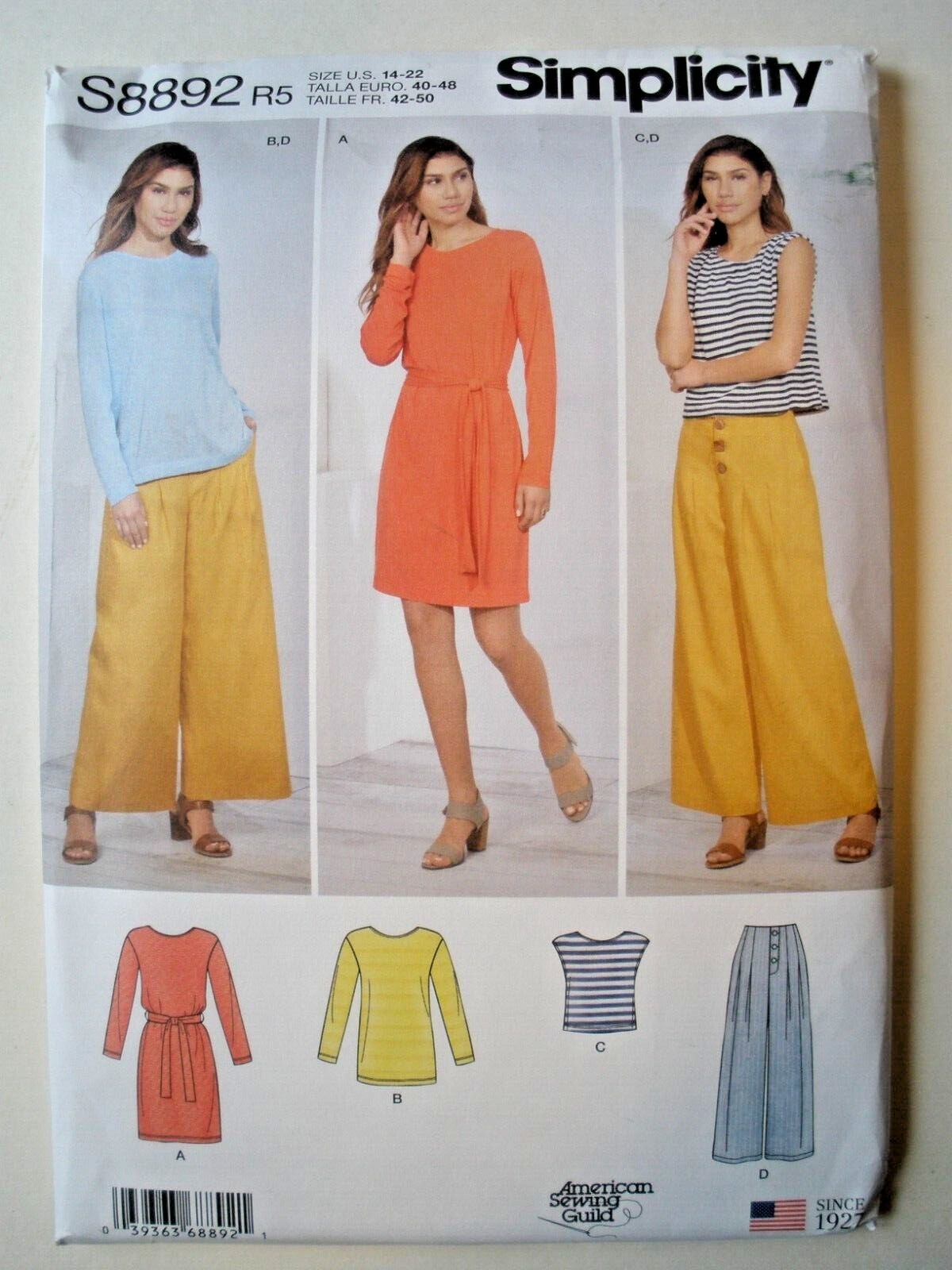 Simplicity 8892/ 10145 Cropped Wide leg Pants Dress Tunic Top Sz. 6-14 or 14-22