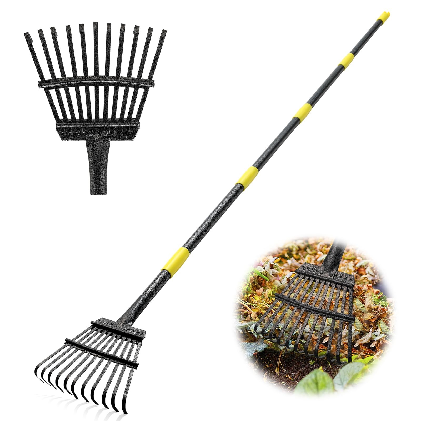 Garden Rake for Leaves - Heavy Duty Metal Leaf Rakes 11tine, matte black