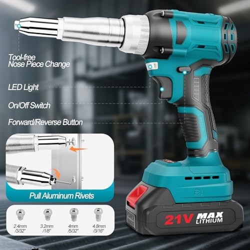 Cordless Rivet Gun Battery Powered, Automatic Electric Blue, Battery Powered