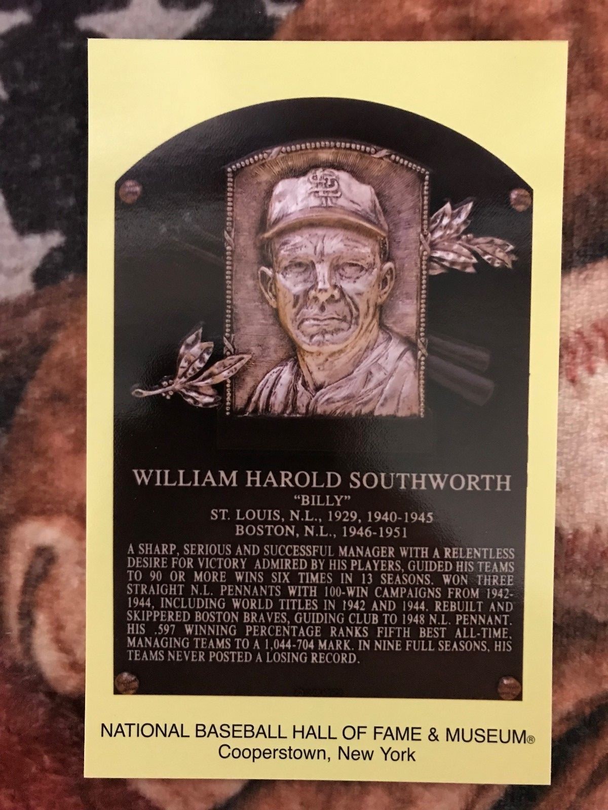 Billy Southworth Postcard- Baseball Hall of Fame Induction Plaque - Photo