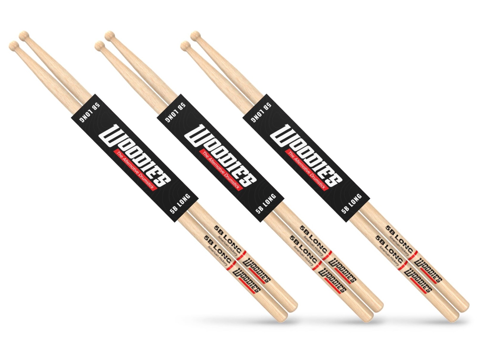 Woodies 5B Long Drumsticks 3Pack – American Hickory Drum Sticks with Short Ta...