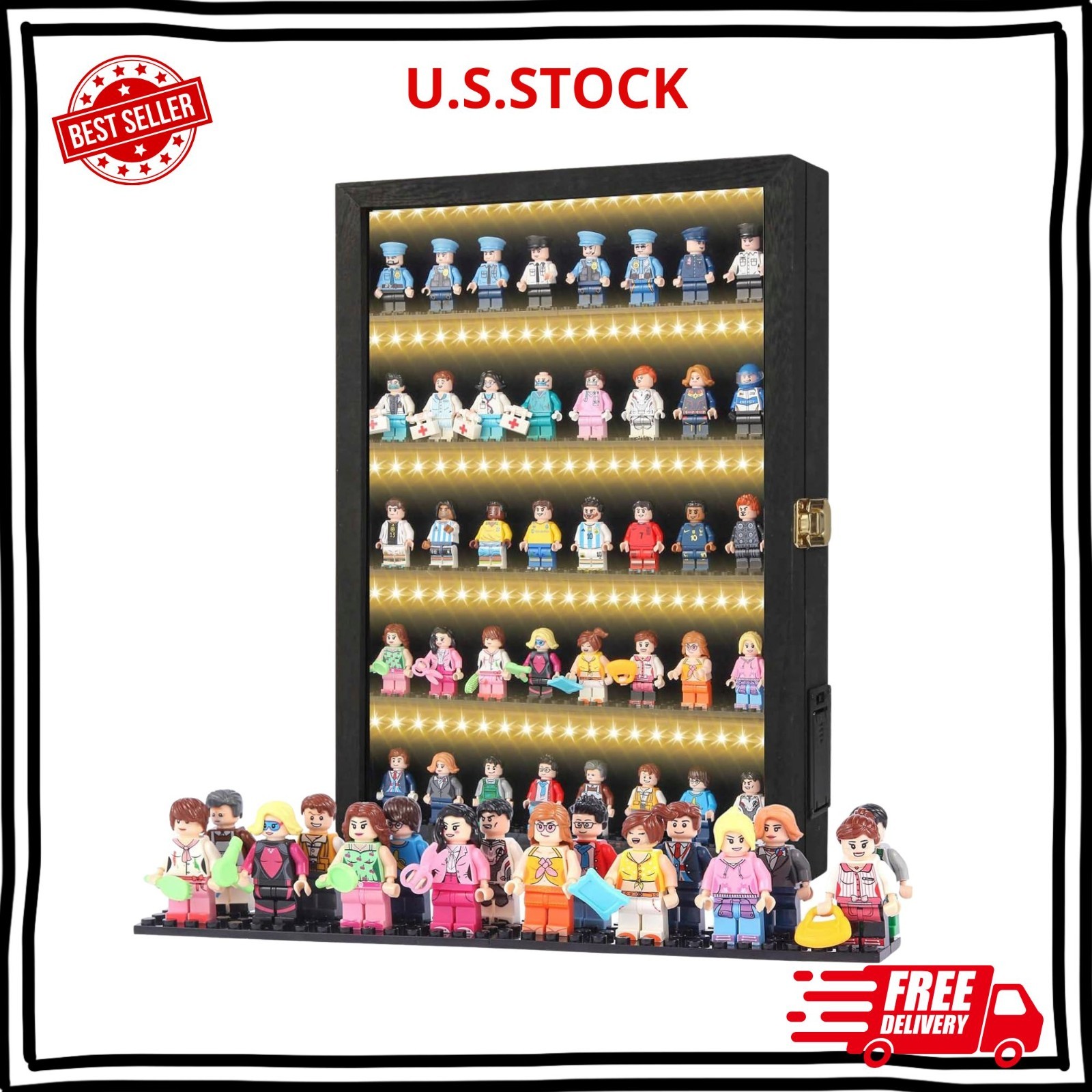 Minifigure Display Case Black 16x11x2in LED Shelves Battery-Powered Cord-Free