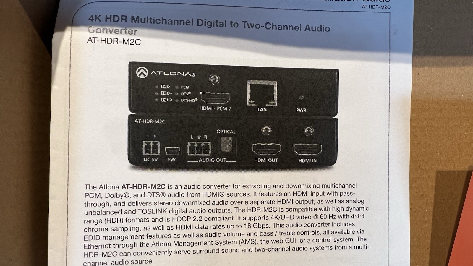 Atlona, AT-HDR-M2C , 4K audio converter