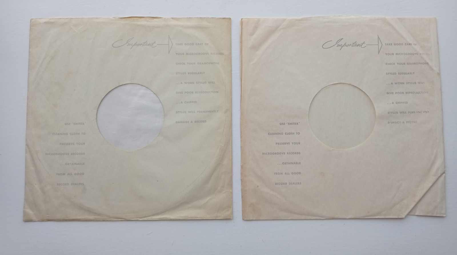 2x EMITEX ORIGINAL 60s UK POLYLINED INNERS (1 Rice Paper) for Beatles Parlophone