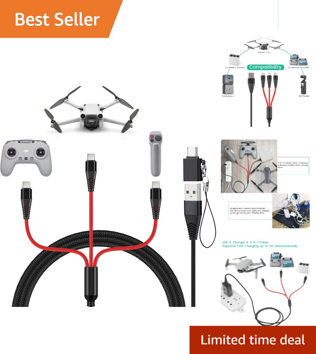 Versatile DJI Drone Charger - 3A USB-C Fast Charging Cable for Multiple Devices