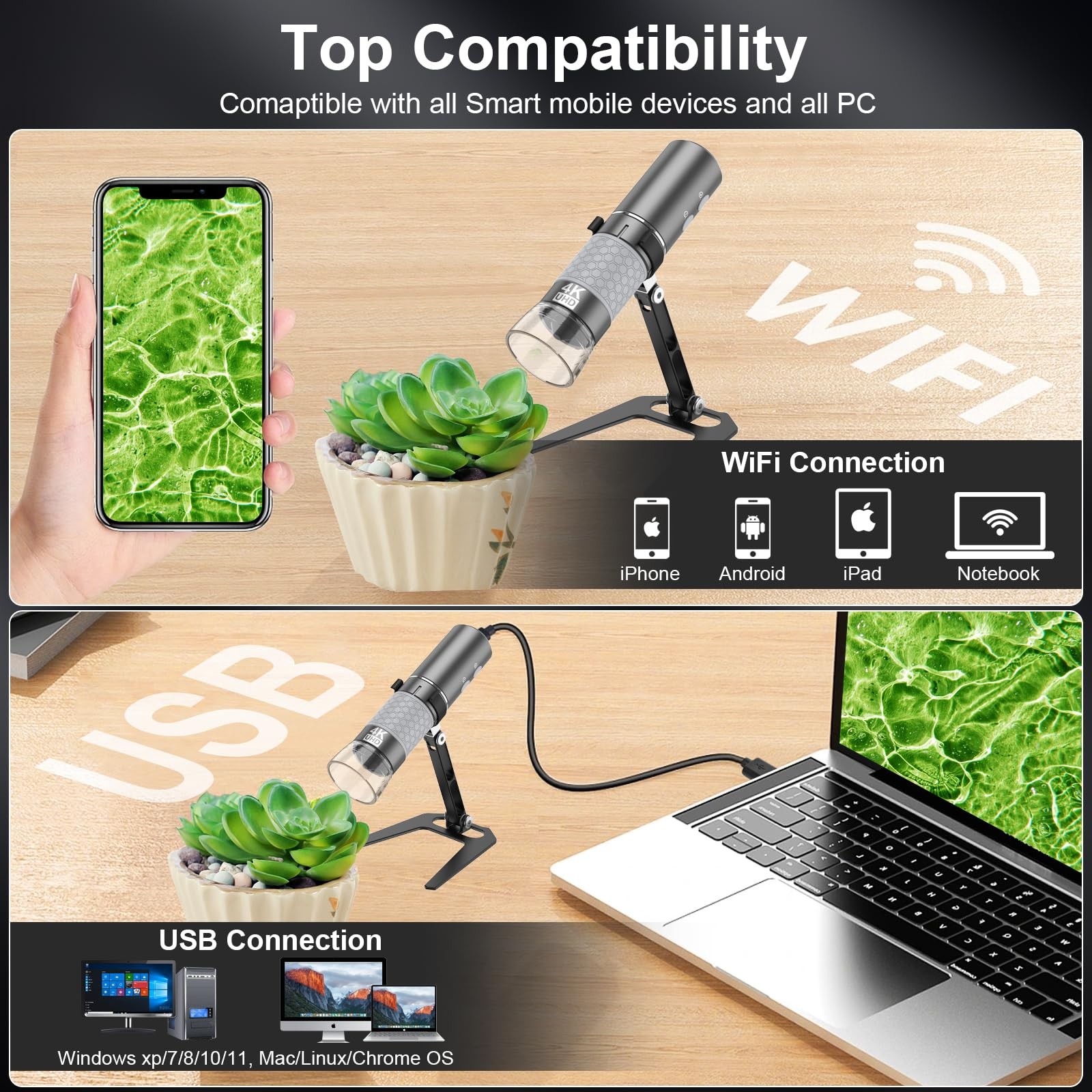 Bysameyee Wireless Digital Microscope 4K HD Wi-Fi Camera Black
