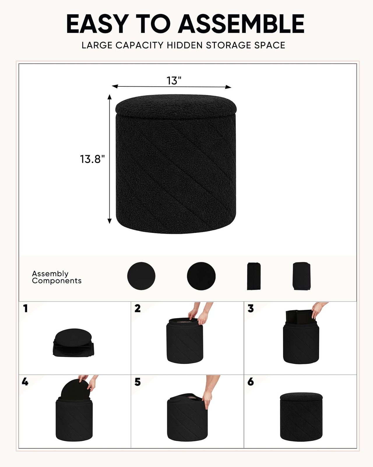 ZOLANOful Round Ottoman with Storage, Boucle Foot Rest Stool with Reversible ...
