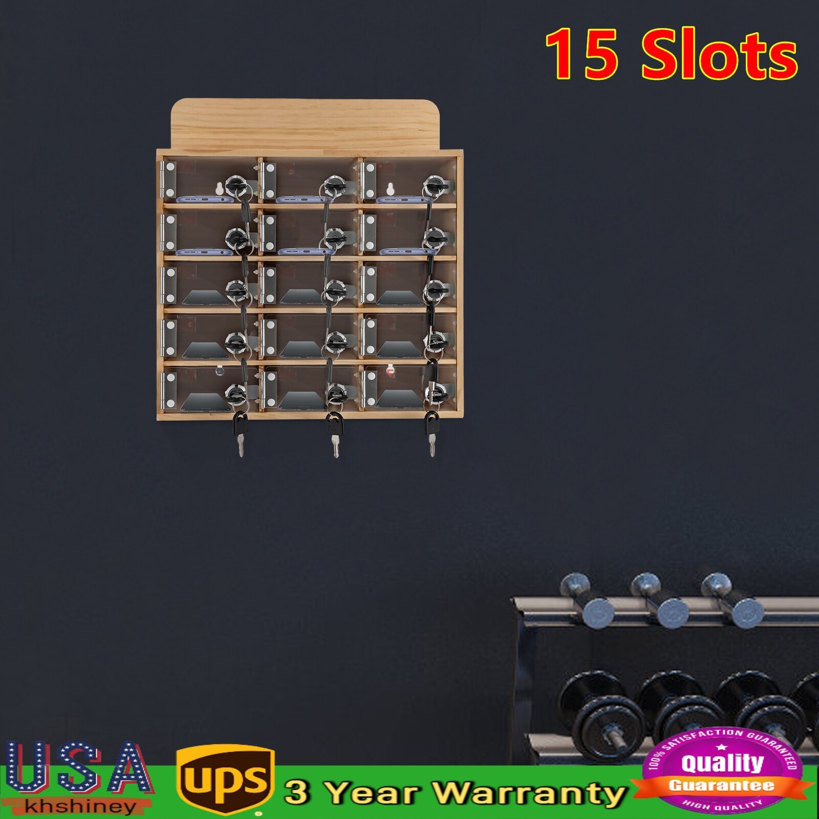 15 Slots Cell Phone Locker Box Wood Cell Phone Storage Cabinet With 15Set Keys