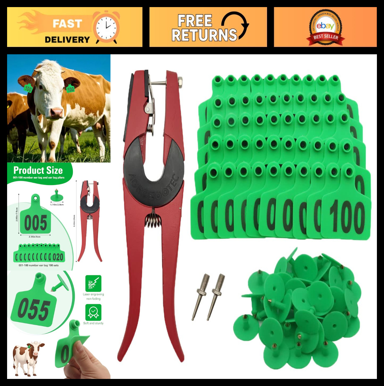 Livestock Ear Tags 001-100 Plastic Cattle Tags with Applicator Kit - Green