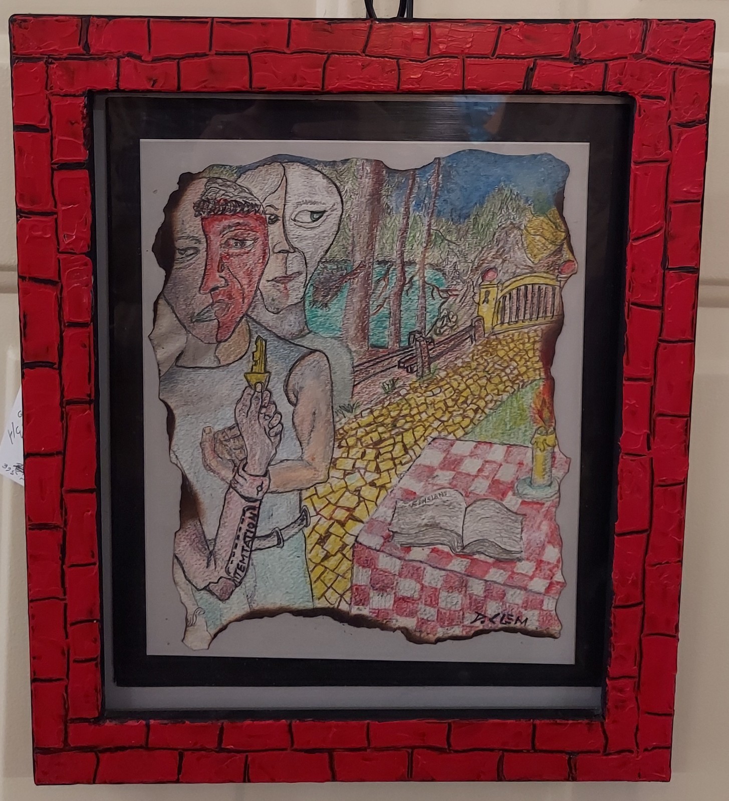 D. Clem outsider Art  Mixed Media Drawing. " Temtation " With Hand Painted Frame