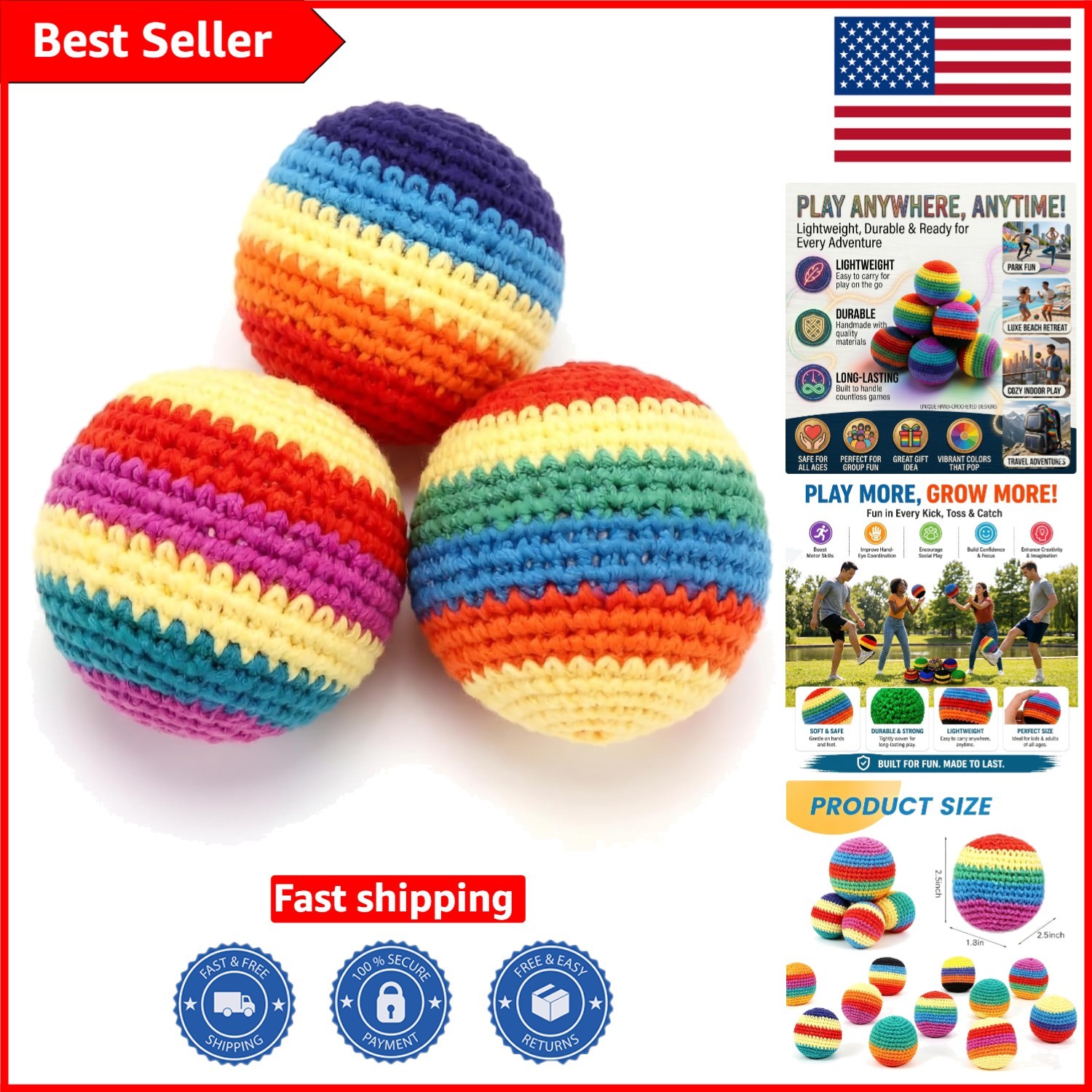 Colorful 3-Piece Hand-Knitted Hacky Balls Set - Ideal for Skill Enhancement