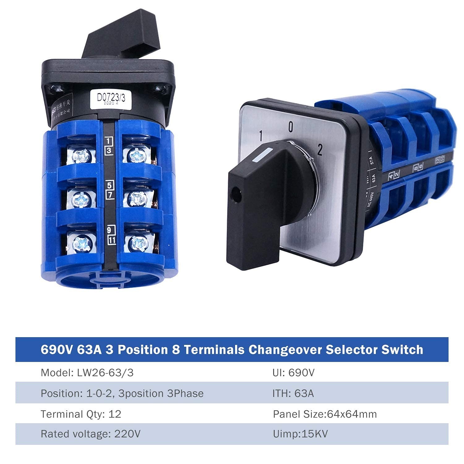Changeover Switch 3 Position Selector Switch Box 12 Terminals 63A 690V Universal