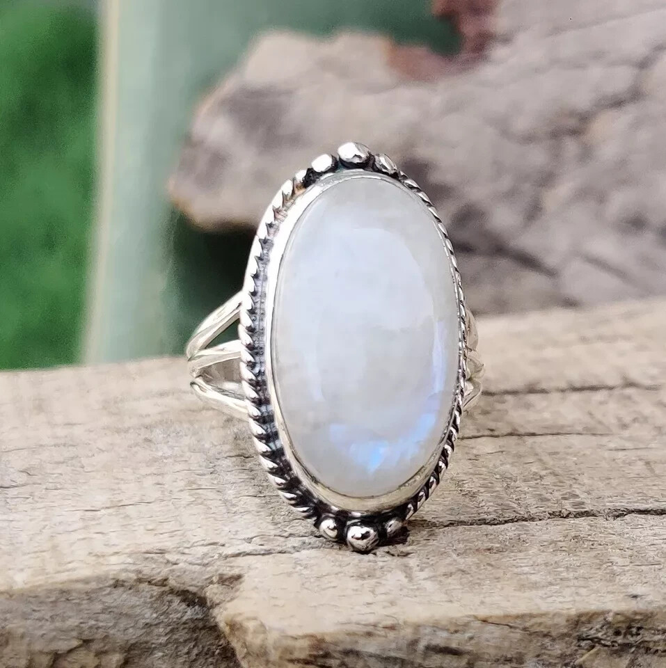 Natural Moonstone Ring Solid 925 Sterling Silver Beautiful Ring All Size MK*