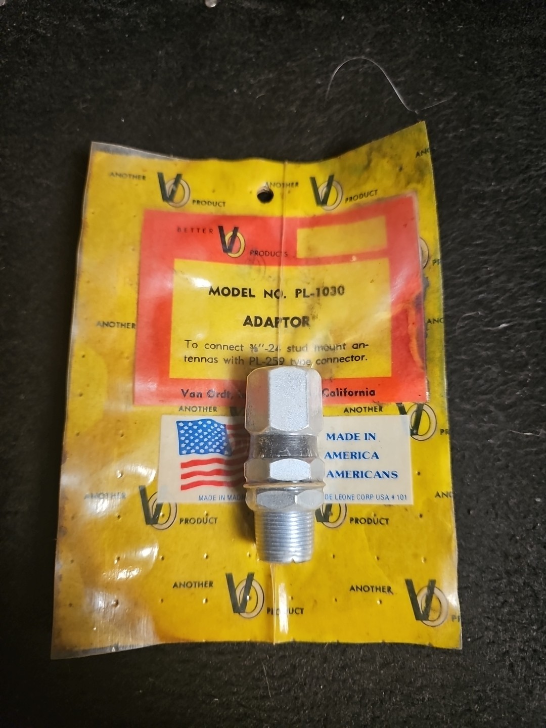 PL-1030 Adaptor Connects 3/8"-24 Stud Mount Antennas with PL-259 Type Connector