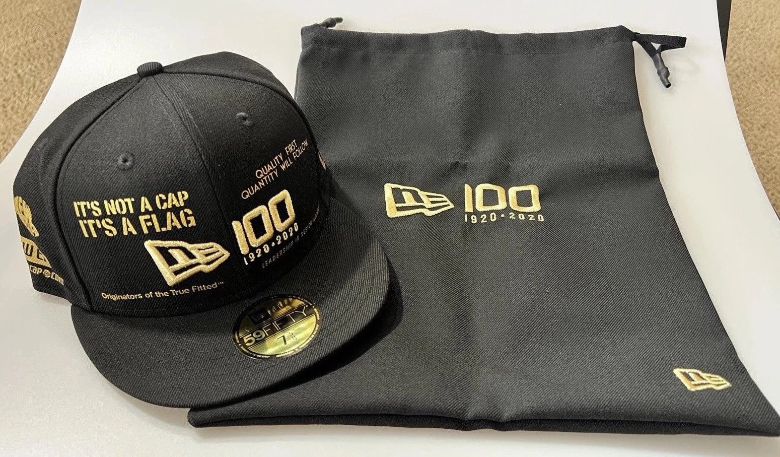 NEW ERA 100TH ANNIVERSARY 59FIFTY FITTED HAT SIZE 7 5/8 WITH MATCHING BAG