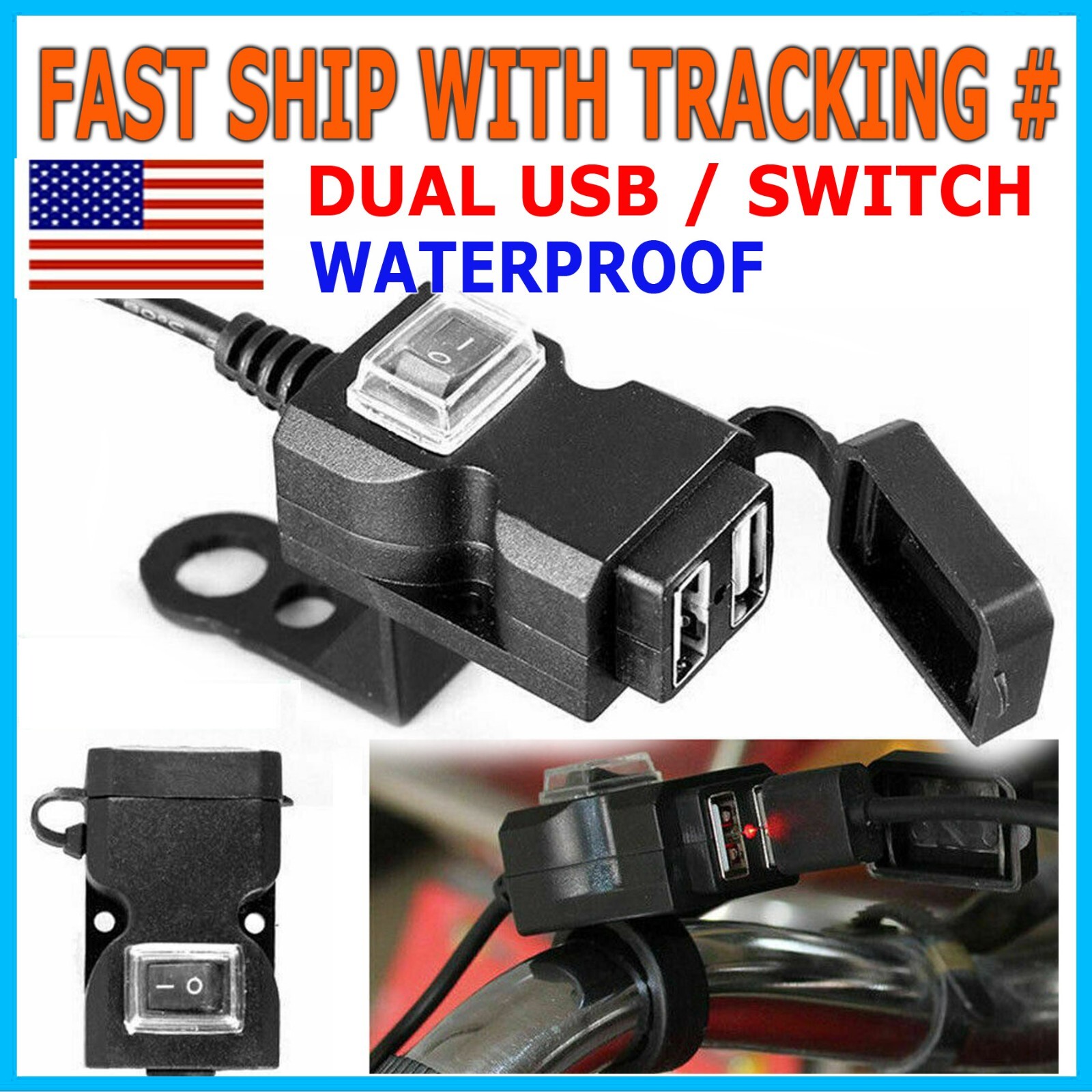 Waterproof Motorcycle Handlebar USB Port Phone Charger Cigarettes Lighter Socket