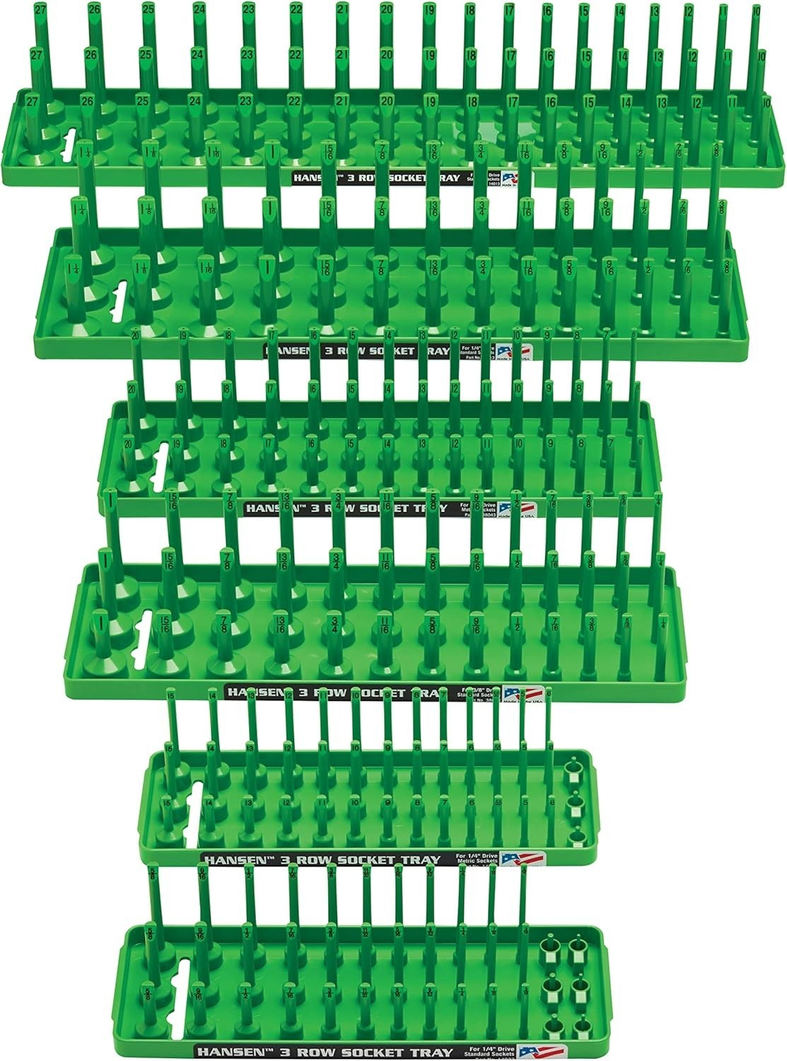 Hansen 6pc Socket Holder Tray Organizer Set 3 Row 1/4 3/8 1/2 Deep Shallow