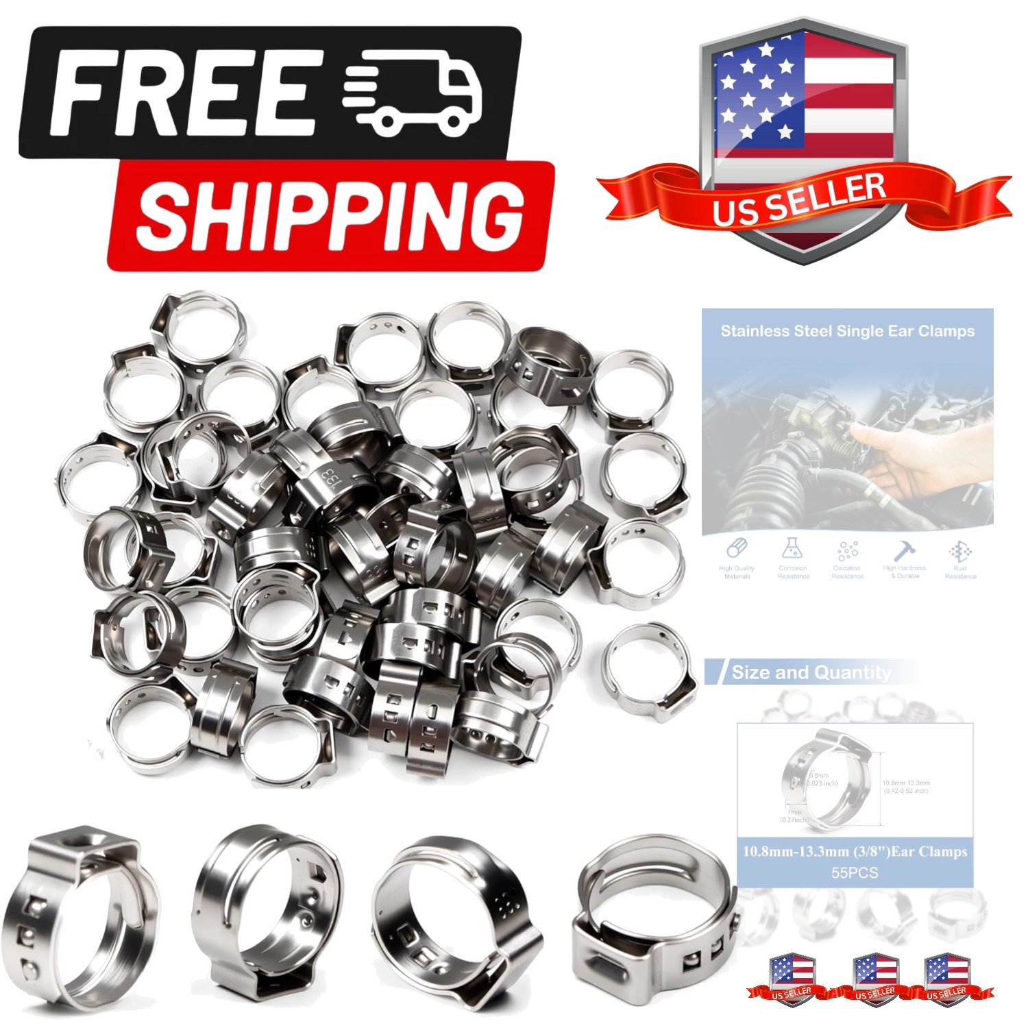 55Pcs Single Ear Hose Clamps 10.8mm-13.3mm 3/8" 304 Stainless Steel Hose Crim...