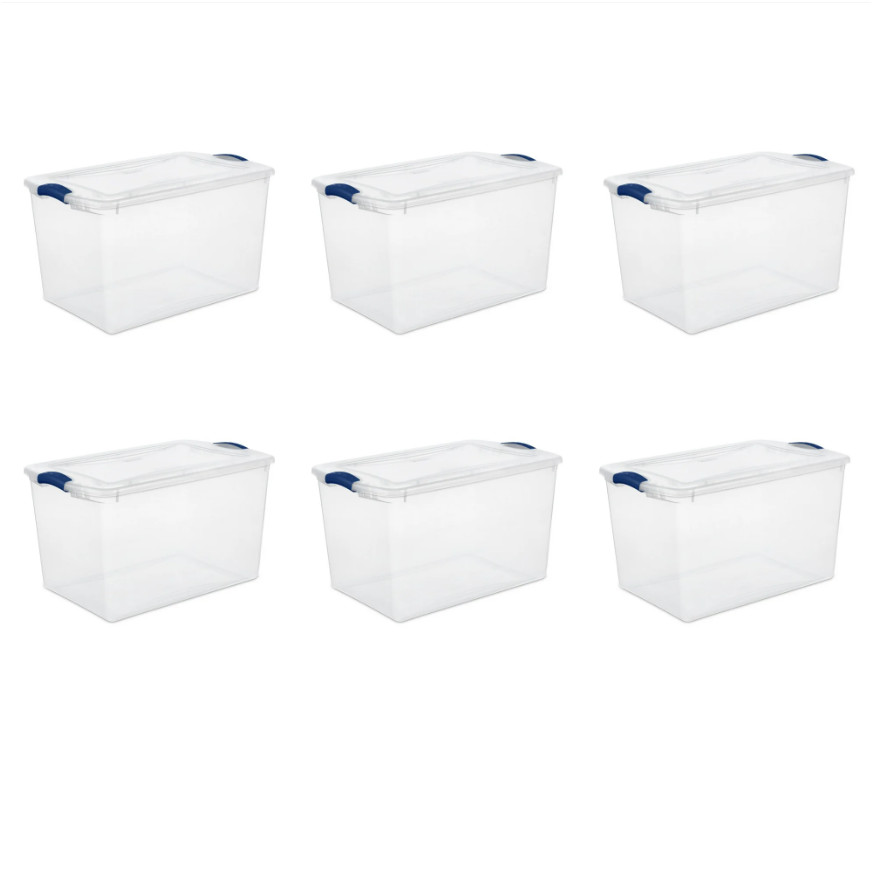 Sterilite 66 Quart Plastic Storage Totes  Clear with Blue Latch Lid - Pack of 6