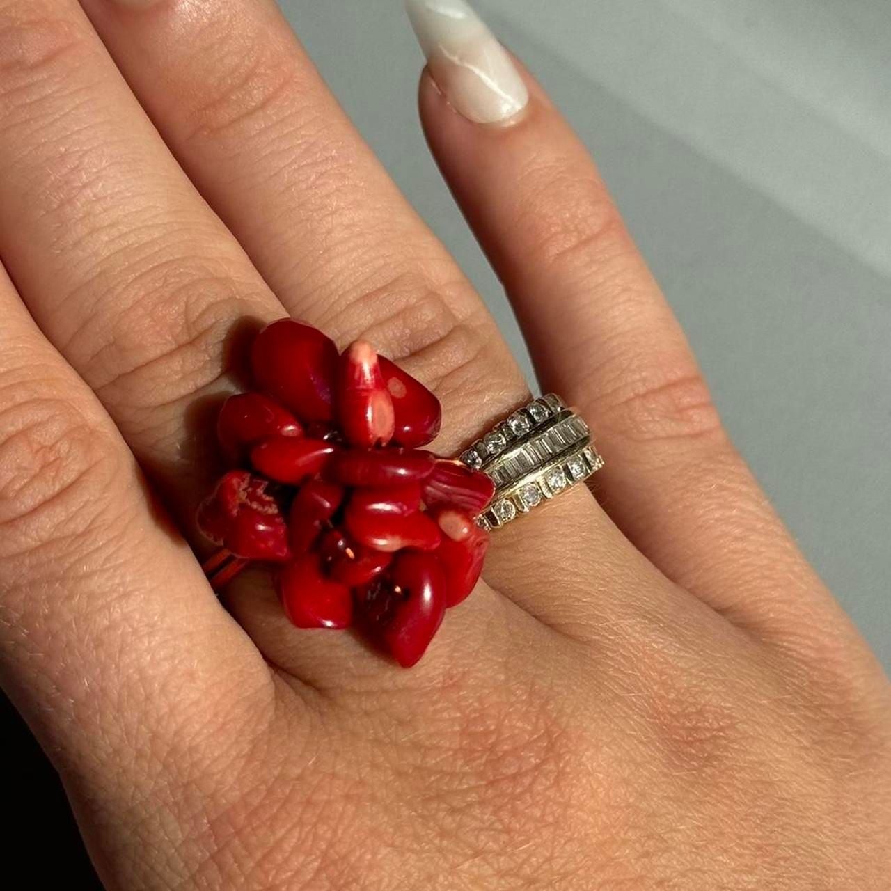 Handmade Red Coral Stone Adjustable Wire Wrapped Cluster Ring